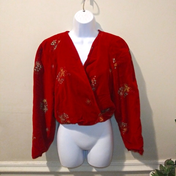 Vintage Tops - Vintage 1930-40's Handmade Scarlet Velvet Wrap Blouse With Stamped Grape Pattern